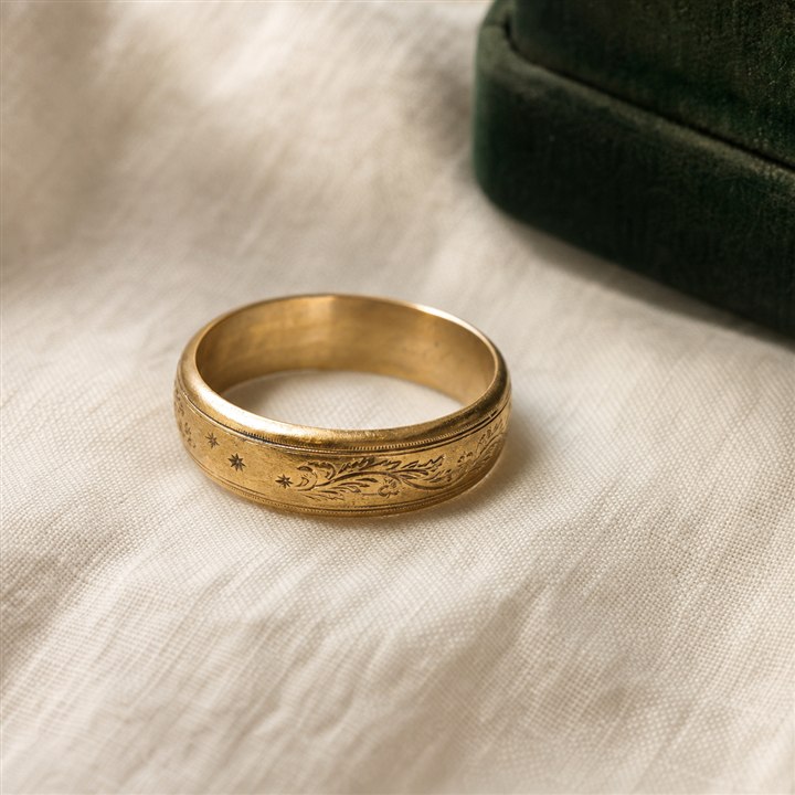 Vintage gold heirloom ring on cream linen